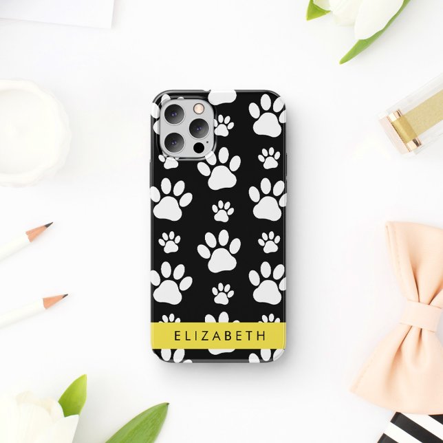Paw Pattern, Dog Paws, Black and White, Your Name iPhone 16 Case (Creator Uploaded)