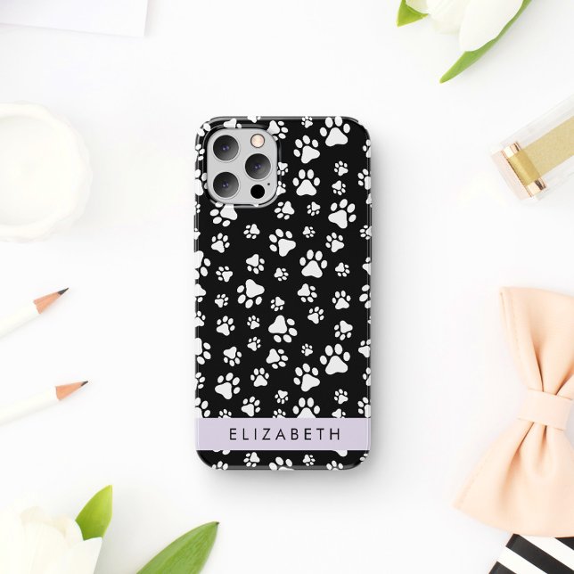 Paw Pattern, Dog Paws, Black and White, Your Name iPhone 16 Case (Creator Uploaded)