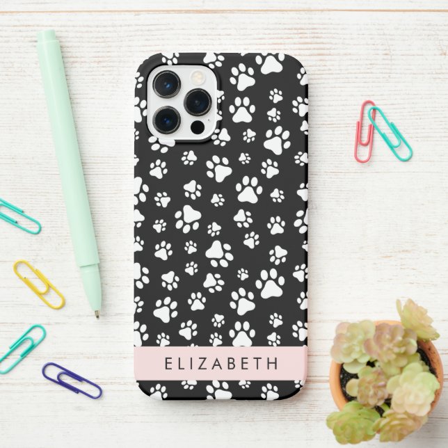 Paw Pattern, Dog Paws, Black and White, Your Name iPhone Case (On Desk)