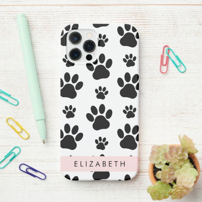 Paw Pattern, Dog Paws, Black and White, Your Name iPhone Case (On Desk)