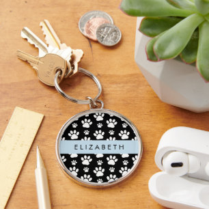 Paw Pattern, Dog Paws, Black and White, Your Name Key Ring