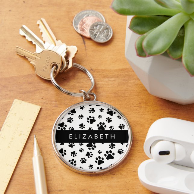 Paw Pattern, Dog Paws, Black and White, Your Name Key Ring (Desk)