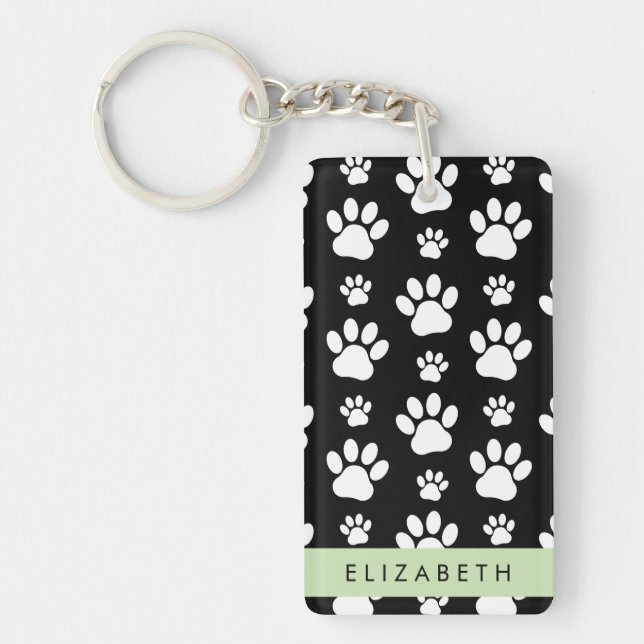 Paw Pattern, Dog Paws, Black and White, Your Name Key Ring (Front)