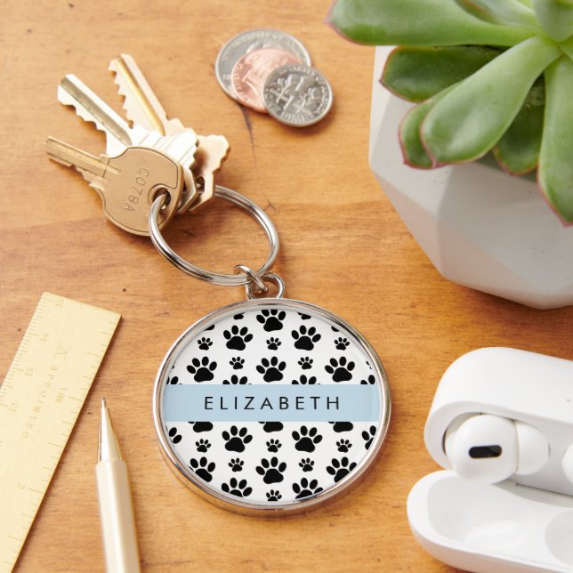 Paw Pattern, Dog Paws, Black and White, Your Name Key Ring (Desk)