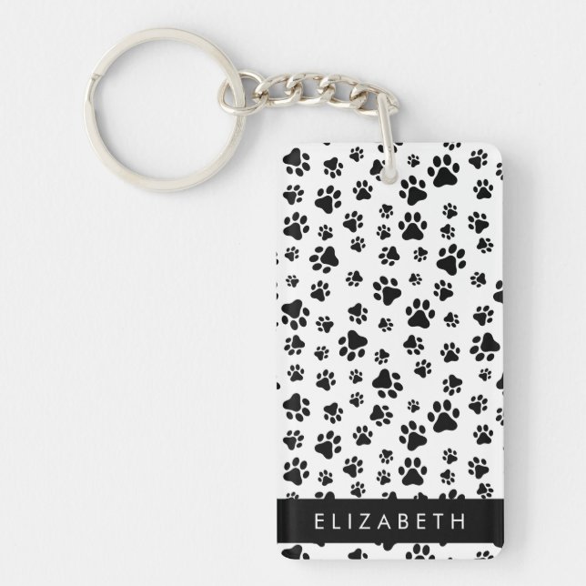 Paw Pattern, Dog Paws, Black and White, Your Name Key Ring (Front)