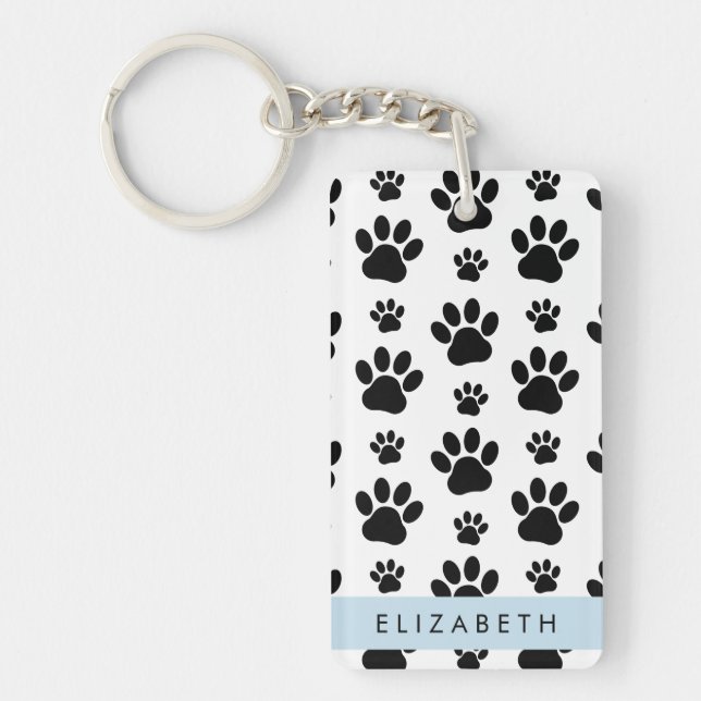 Paw Pattern, Dog Paws, Black and White, Your Name Key Ring (Front)