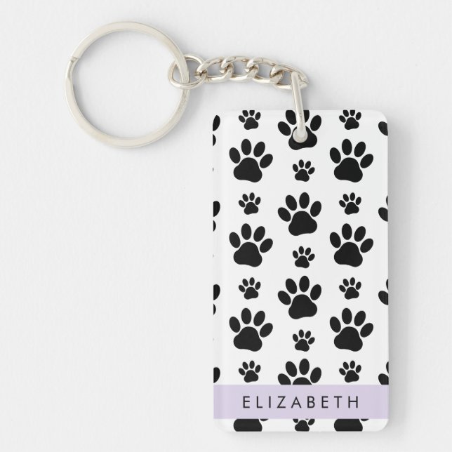 Paw Pattern, Dog Paws, Black and White, Your Name Key Ring (Front)