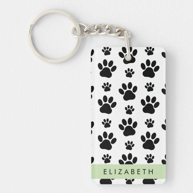 Paw Pattern, Dog Paws, Black and White, Your Name Key Ring (Front)