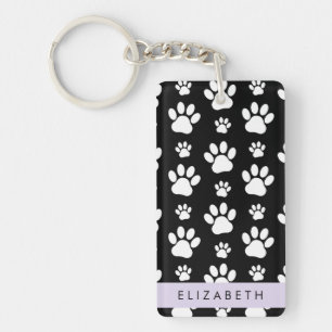 Paw Pattern, Dog Paws, Black and White, Your Name Key Ring