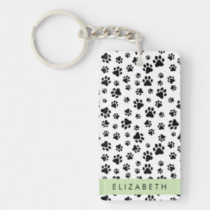 Paw Pattern, Dog Paws, Black and White, Your Name Key Ring