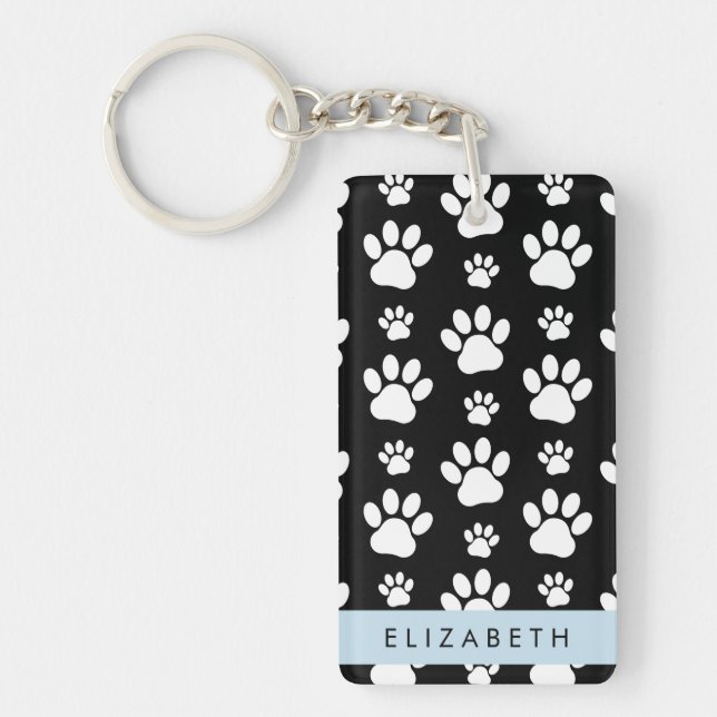 Paw Pattern, Dog Paws, Black and White, Your Name Key Ring (Front)
