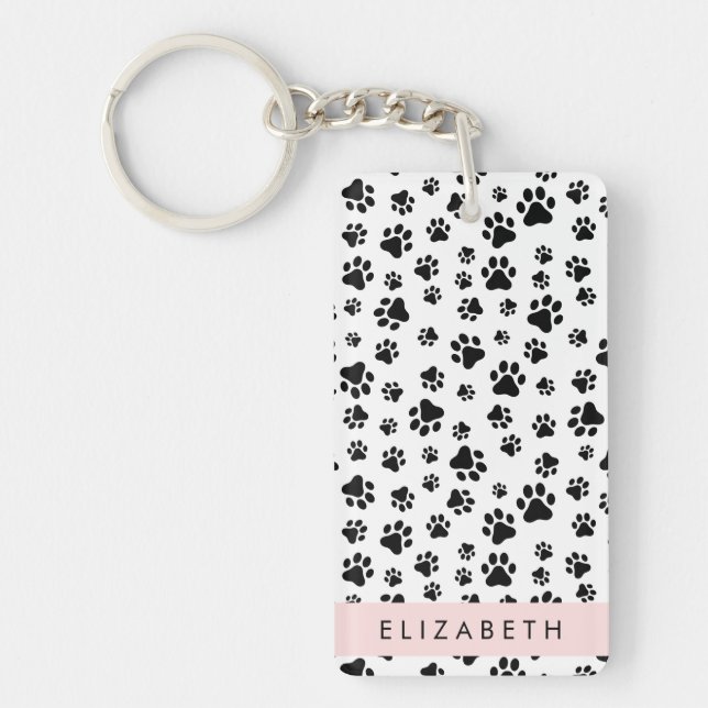 Paw Pattern, Dog Paws, Black and White, Your Name Key Ring (Front)