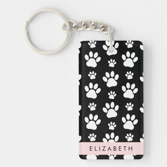 Paw Pattern, Dog Paws, Black and White, Your Name Key Ring (Front)