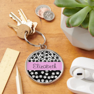 Paw Pattern, Dog Paws, Black and White, Your Name Key Ring