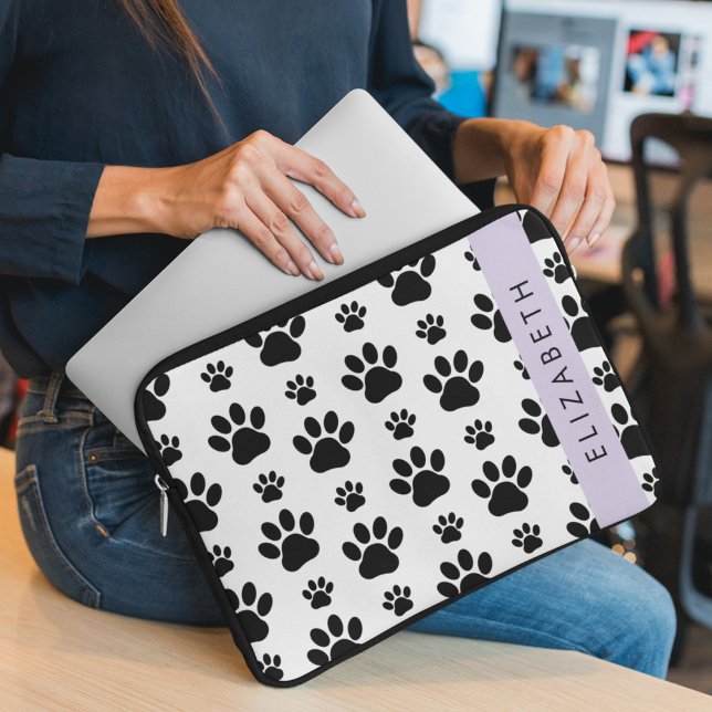 Paw Pattern, Dog Paws, Black and White, Your Name Laptop Sleeve (Creator Uploaded)