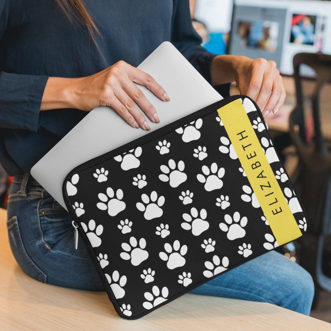 Paw Pattern, Dog Paws, Black and White, Your Name Laptop Sleeve (Creator Uploaded)