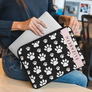 Paw Pattern, Dog Paws, Black and White, Your Name Laptop Sleeve