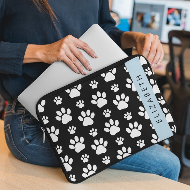 Paw Pattern, Dog Paws, Black and White, Your Name Laptop Sleeve (Creator Uploaded)