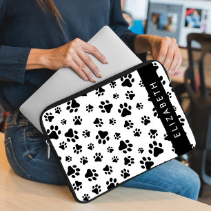 Paw Pattern, Dog Paws, Black and White, Your Name Laptop Sleeve