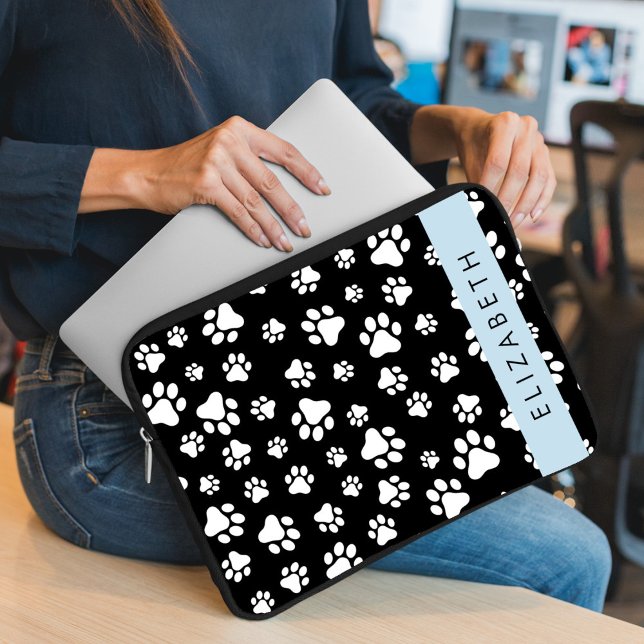 Paw Pattern, Dog Paws, Black and White, Your Name Laptop Sleeve (Creator Uploaded)