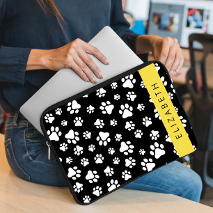 Paw Pattern, Dog Paws, Black and White, Your Name Laptop Sleeve