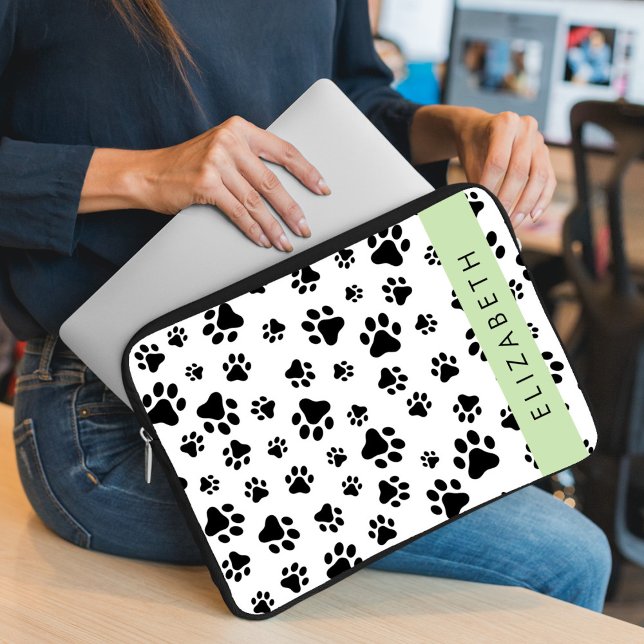 Paw Pattern, Dog Paws, Black and White, Your Name Laptop Sleeve (Creator Uploaded)