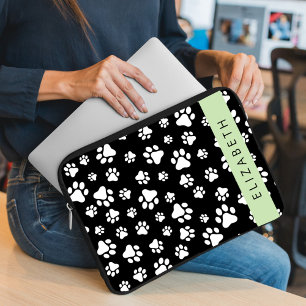 Paw Pattern, Dog Paws, Black and White, Your Name Laptop Sleeve
