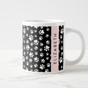 Paw Pattern, Dog Paws, Black and White, Your Name Large Coffee Mug