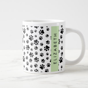 Paw Pattern, Dog Paws, Black and White, Your Name Large Coffee Mug