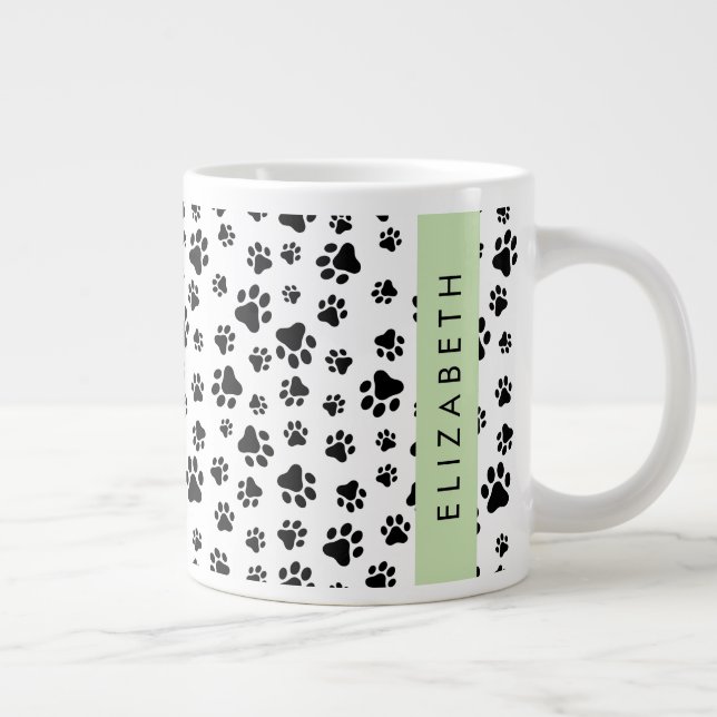 Paw Pattern, Dog Paws, Black and White, Your Name Large Coffee Mug (Right)