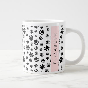 Paw Pattern, Dog Paws, Black and White, Your Name Large Coffee Mug