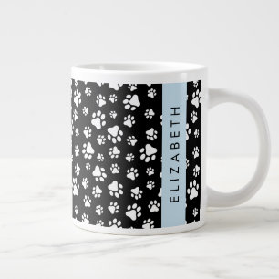 Paw Pattern, Dog Paws, Black and White, Your Name Large Coffee Mug