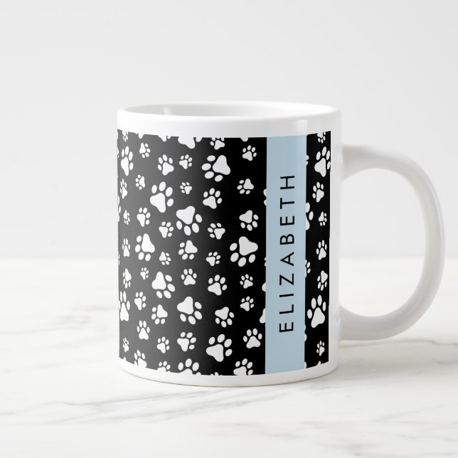 Paw Pattern, Dog Paws, Black and White, Your Name Large Coffee Mug (Right)