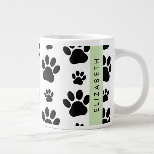 Paw Pattern, Dog Paws, Black and White, Your Name Large Coffee Mug