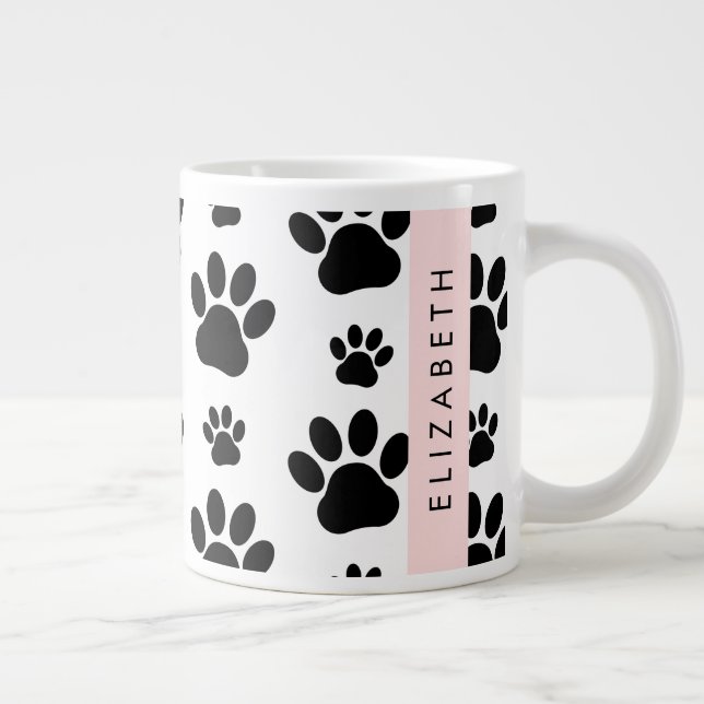 Paw Pattern, Dog Paws, Black and White, Your Name Large Coffee Mug (Right)