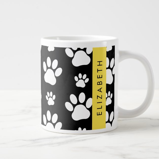 Paw Pattern, Dog Paws, Black and White, Your Name Large Coffee Mug (Right)