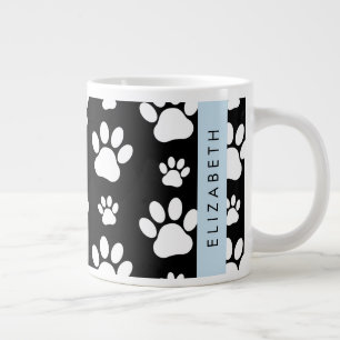 Paw Pattern, Dog Paws, Black and White, Your Name Large Coffee Mug