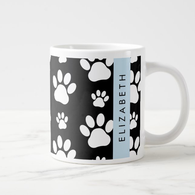 Paw Pattern, Dog Paws, Black and White, Your Name Large Coffee Mug (Right)