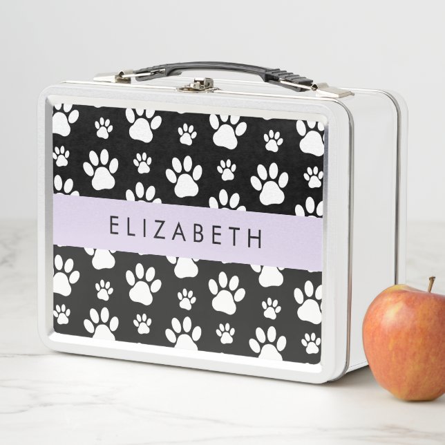 Paw Pattern, Dog Paws, Black and White, Your Name Metal Lunch Box (In Situ)