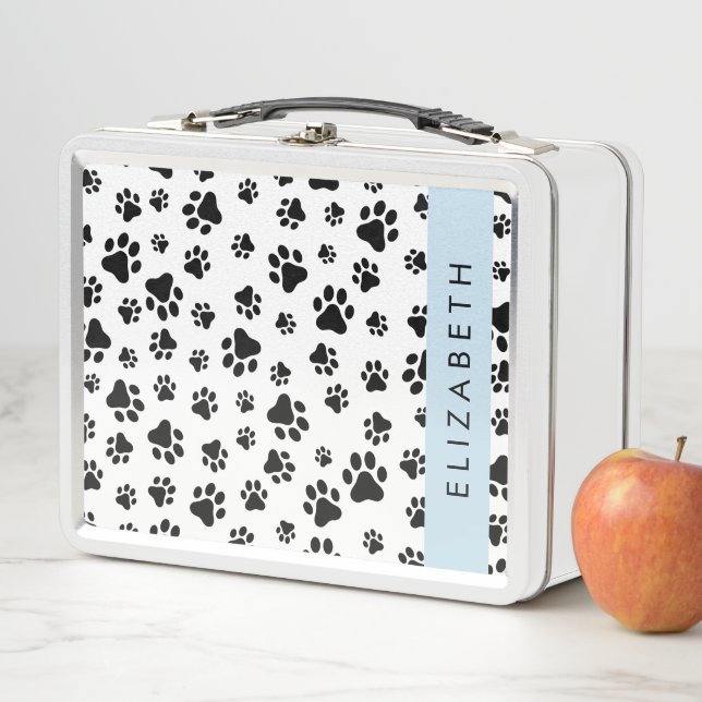 Paw Pattern, Dog Paws, Black and White, Your Name Metal Lunch Box (In Situ)