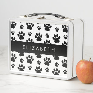 Paw Pattern, Dog Paws, Black and White, Your Name Metal Lunch Box
