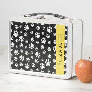 Paw Pattern, Dog Paws, Black and White, Your Name Metal Lunch Box