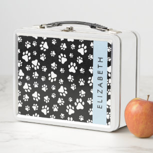 Paw Pattern, Dog Paws, Black and White, Your Name Metal Lunch Box