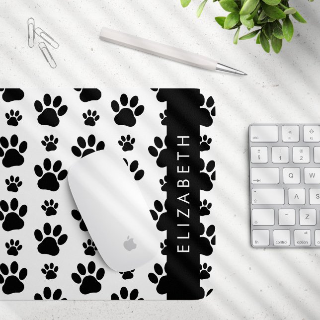 Paw Pattern, Dog Paws, Black and White, Your Name Mouse Mat (Creator Uploaded)