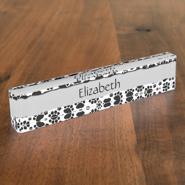 Paw Pattern, Dog Paws, Black and White, Your Name Nameplate (Side)