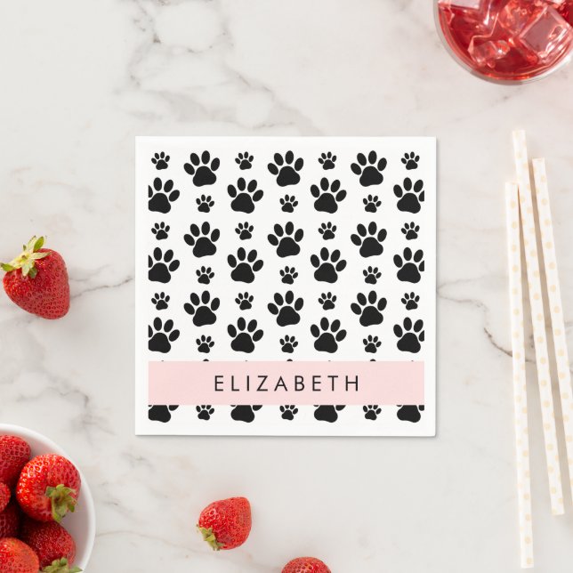 Paw Pattern, Dog Paws, Black and White, Your Name Napkin (Insitu)