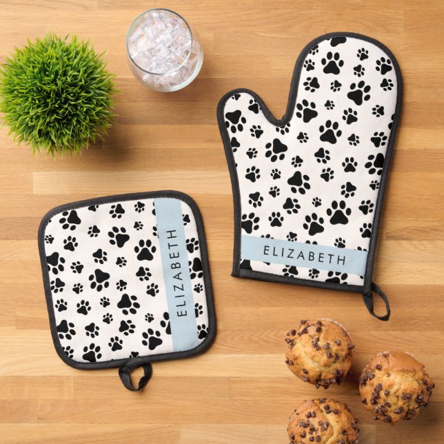 Paw Pattern, Dog Paws, Black and White, Your Name Oven Mitt & Pot Holder Set (Top Down)