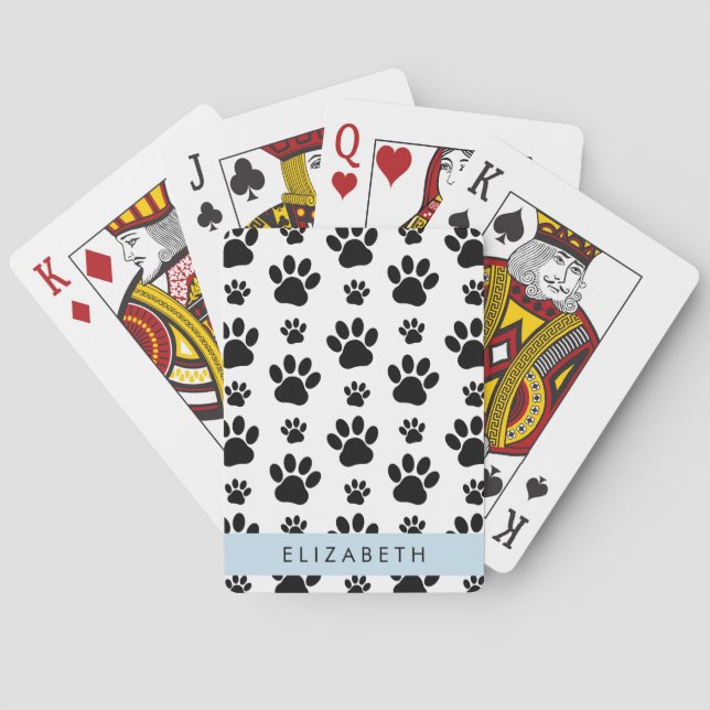 Paw Pattern, Dog Paws, Black and White, Your Name Playing Cards (Back)