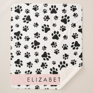Paw Pattern, Dog Paws, Black and White, Your Name Sherpa Blanket