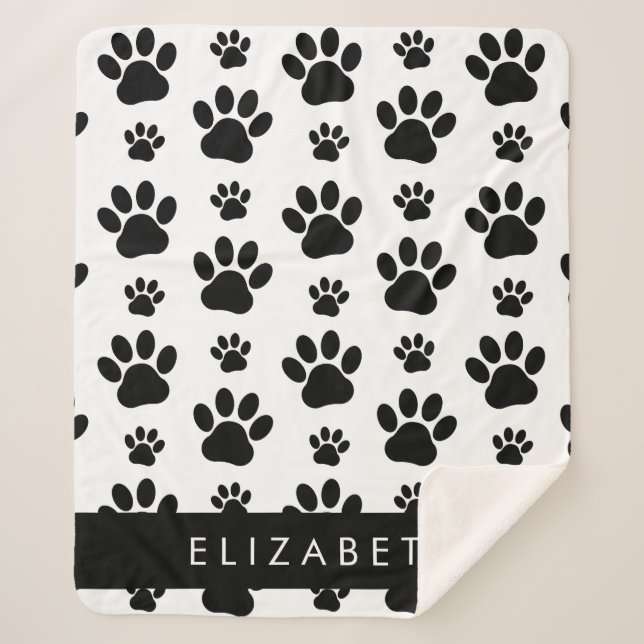 Paw Pattern, Dog Paws, Black and White, Your Name Sherpa Blanket (Front)